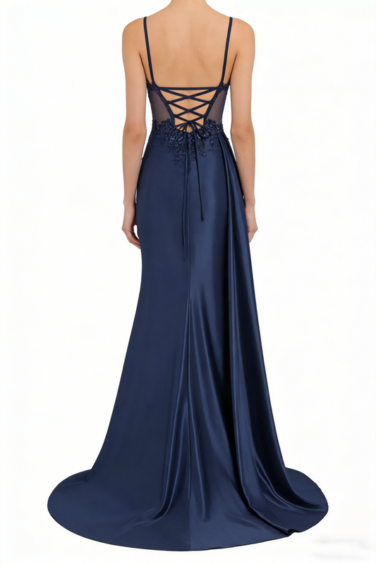Spaghetti Strap Satin Prom Dresses Long Mermaid Lace Formal Gowns Corset Evening Party Dresses with Slit AB683