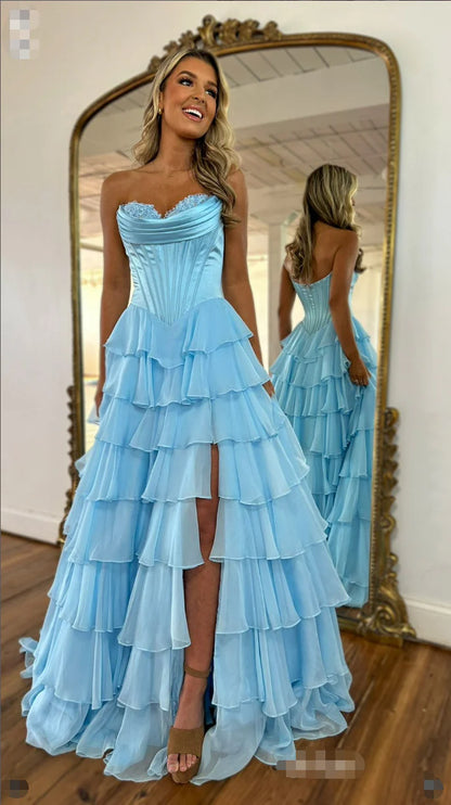 Dunkelblaues, trägerloses, plissiertes Abendkleid mit Rüschen in A-Linie, AB687
