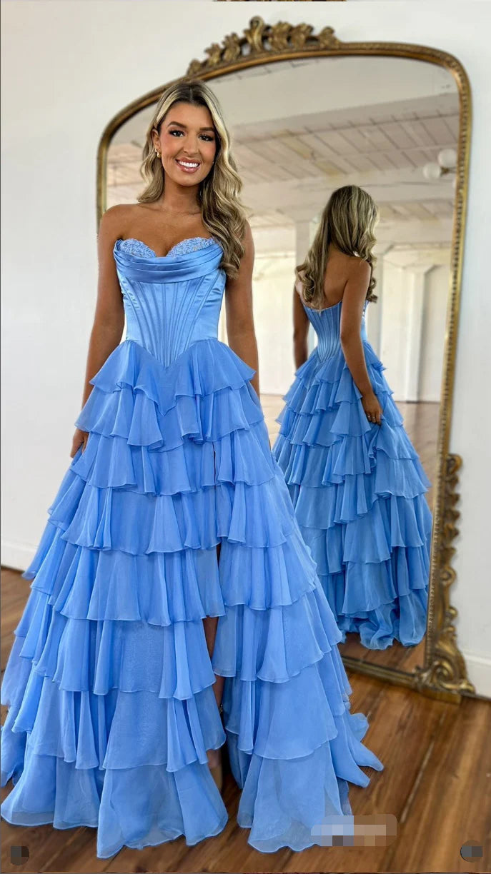Dunkelblaues, trägerloses, plissiertes Abendkleid mit Rüschen in A-Linie, AB687