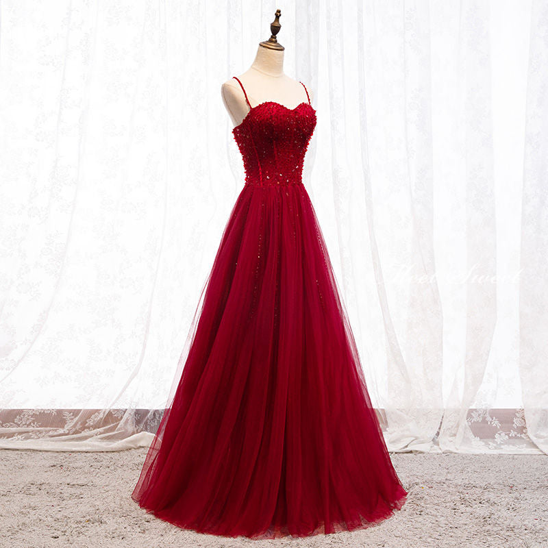 Robe de bal longue rouge foncé à bretelles et perles, décolleté cœur, robe de bal junior AB703