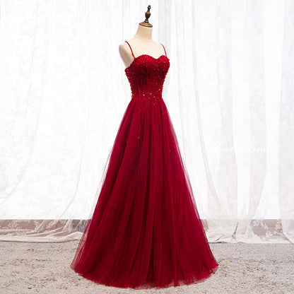 Robe de bal longue rouge foncé à bretelles et perles, décolleté cœur, robe de bal junior AB703