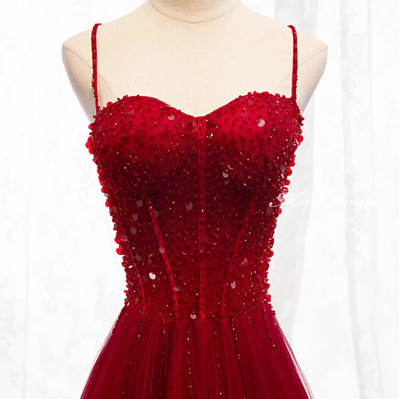 Robe de bal longue rouge foncé à bretelles et perles, décolleté cœur, robe de bal junior AB703