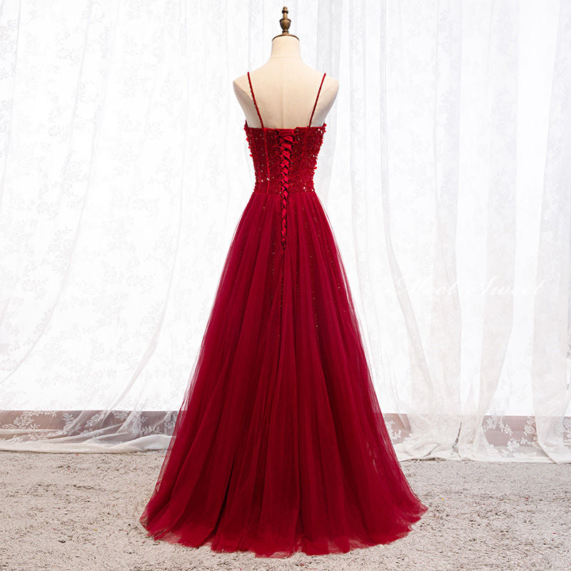 Robe de bal longue rouge foncé à bretelles et perles, décolleté cœur, robe de bal junior AB703