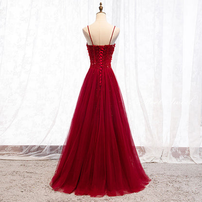 Robe de bal longue rouge foncé à bretelles et perles, décolleté cœur, robe de bal junior AB703