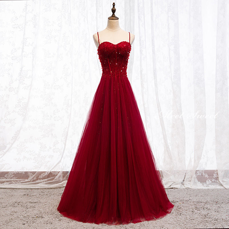 Robe de bal longue rouge foncé à bretelles et perles, décolleté cœur, robe de bal junior AB703