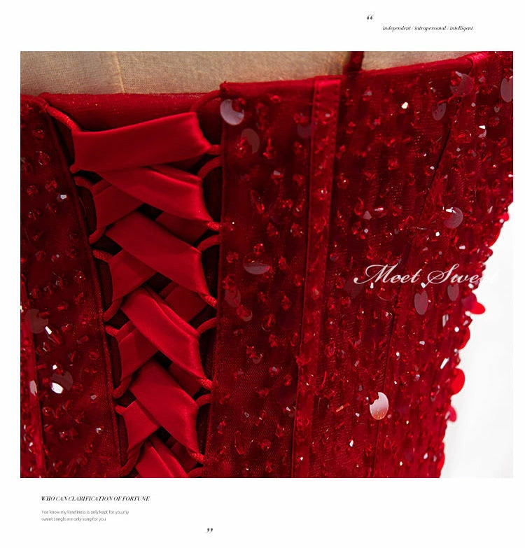Robe de bal longue rouge foncé à bretelles et perles, décolleté cœur, robe de bal junior AB703
