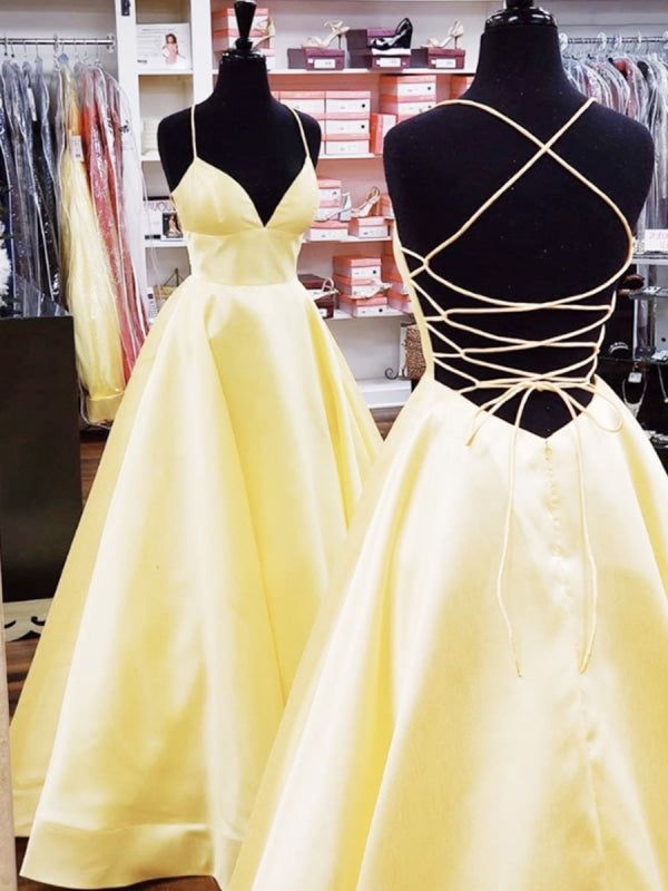 Einzigartiges, langes, hellgelbes Satin-Abendkleid mit Spaghettiträgern in A-Linie – Inspiration für formelle Abendgarderobe AB737