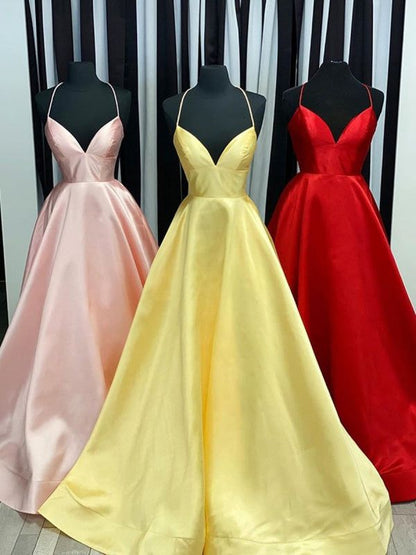 Einzigartiges, langes, hellgelbes Satin-Abendkleid mit Spaghettiträgern in A-Linie – Inspiration für formelle Abendgarderobe AB737