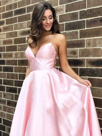 Einzigartiges, langes, hellgelbes Satin-Abendkleid mit Spaghettiträgern in A-Linie – Inspiration für formelle Abendgarderobe AB737