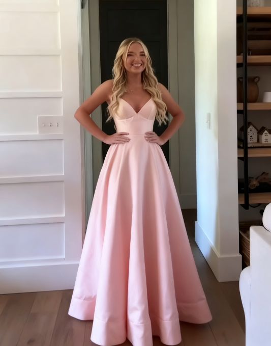 Einzigartiges, langes, hellgelbes Satin-Abendkleid mit Spaghettiträgern in A-Linie – Inspiration für formelle Abendgarderobe AB737