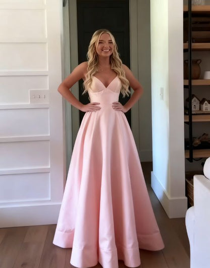 Einzigartiges, langes, hellgelbes Satin-Abendkleid mit Spaghettiträgern in A-Linie – Inspiration für formelle Abendgarderobe AB737