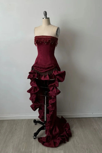 Modest High Low Strapless Burgundy Satin Prom Dresses With Beads Evening Party Formal Gown 18th Birthday Gowns AB797