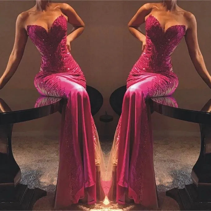 Elegantes Meerjungfrauen-Ballkleid in Pink, langes Abendkleid aus Satin, AB810
