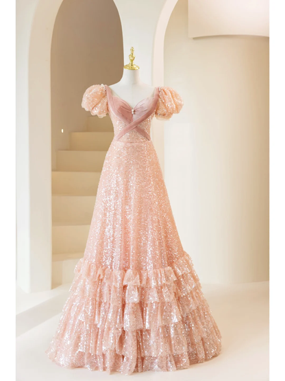 Robe de bal longue rétro en velours rose poudré à sequins, coupe trapèze, décolleté cœur. Idéale pour un 18e anniversaire. Robe de bal R1870