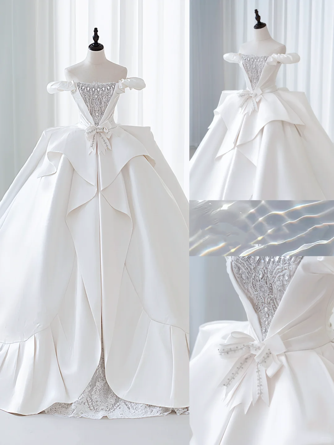 Schlichtes Ballkleid, schulterfrei, aus Satin und Spitze, weiß, tailliert und ausgestellt, bodenlang, mit Falten, Hochzeitskleid AB1010