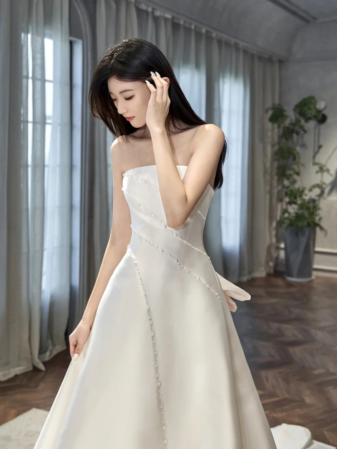 Damen-Brautkleid, trägerlos, ärmellos, plissiert, bodenlang, A-Linie, AB892