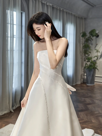 Damen-Brautkleid, trägerlos, ärmellos, plissiert, bodenlang, A-Linie, AB892