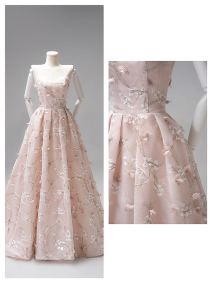 Robe de bal longue rose en tulle à imprimé floral, coupe trapèze, décolleté cœur, idéale pour un 19e anniversaire (AB852)