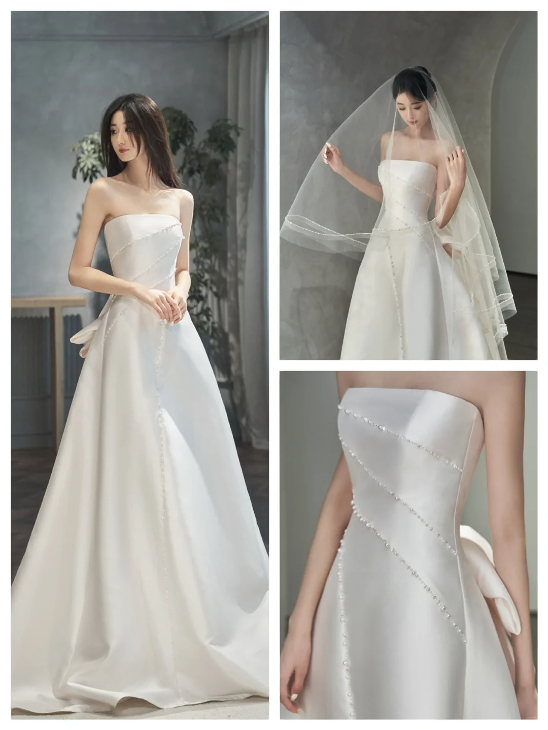 Damen-Brautkleid, trägerlos, ärmellos, plissiert, bodenlang, A-Linie, AB892