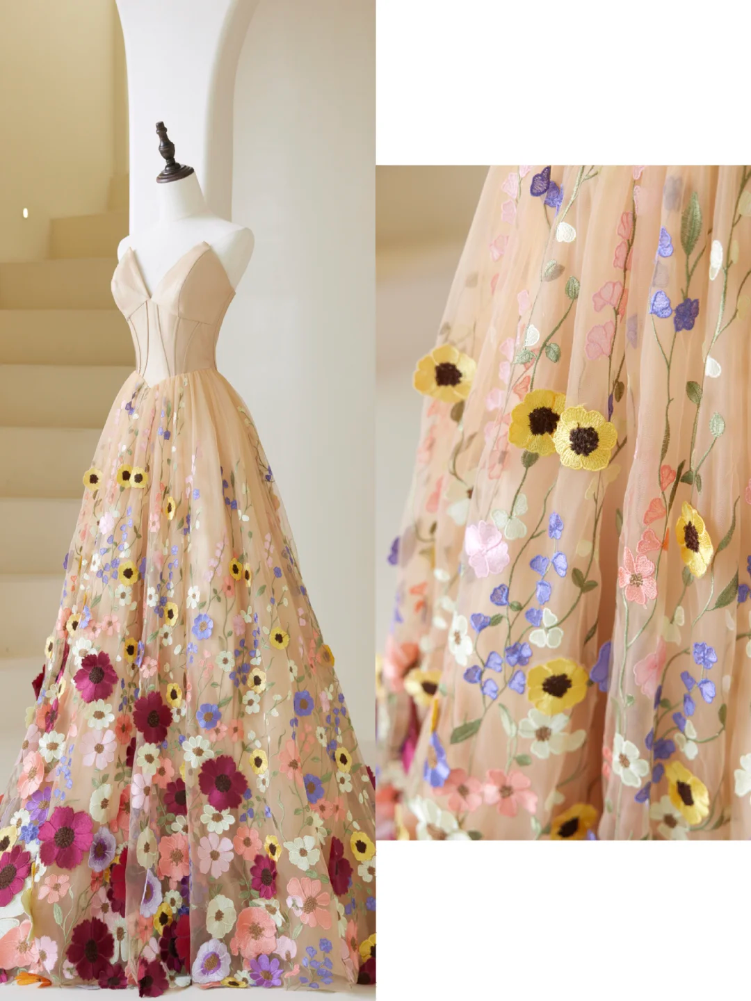 Bezauberndes langes Ballkleid mit Herzausschnitt, floralem Tüll und champagnerfarbenem Schnitt – das perfekte Outfit für den 19. Geburtstag (AB859).