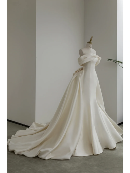 Robe de mariée sirène à épaules dénudées pour femme, ornée de plis et longue jusqu'au sol, modèle AB1018