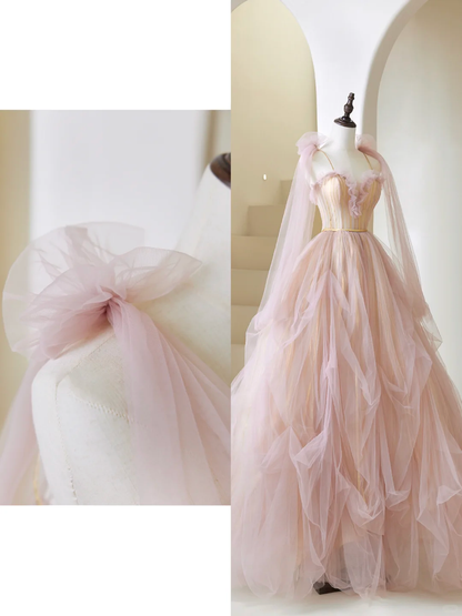 Niedliches Ballkleid mit Spaghettiträgern, hellrosa, plissiertem Tüll, langes Abendkleid für Teenager, formelles Kleid, Ballkleid AB852