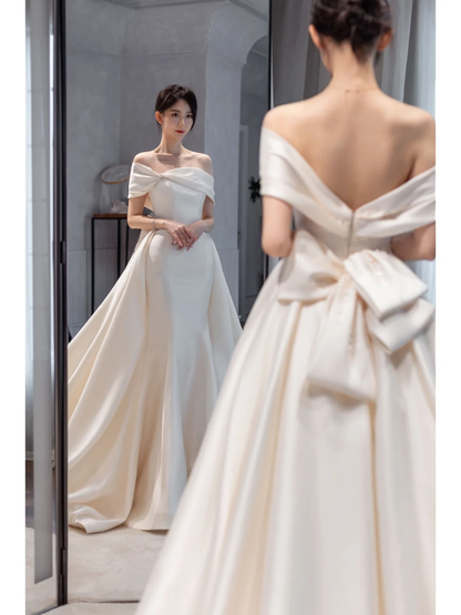 Robe de mariée sirène à épaules dénudées pour femme, ornée de plis et longue jusqu'au sol, modèle AB1018