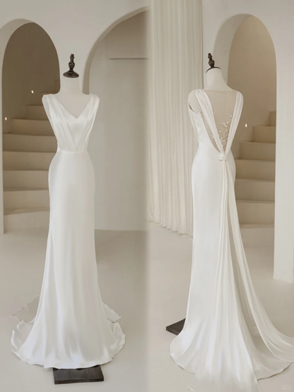 Robe de mariée longue sirène intemporelle en satin blanc à col en V, style simple et élégant, idéale pour l'été (AB874)