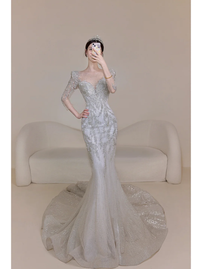 Robe de mariée argentée intemporelle pour femme, manches 3/4, perles, col en V, coupe sirène AB878