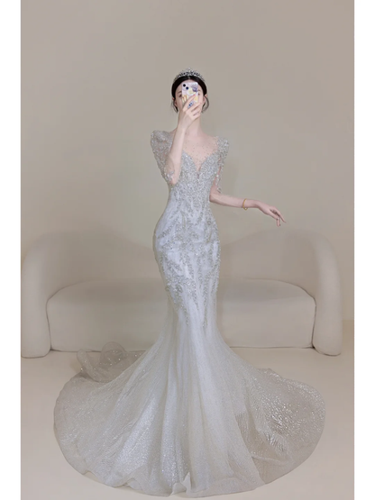 Robe de mariée argentée intemporelle pour femme, manches 3/4, perles, col en V, coupe sirène AB878