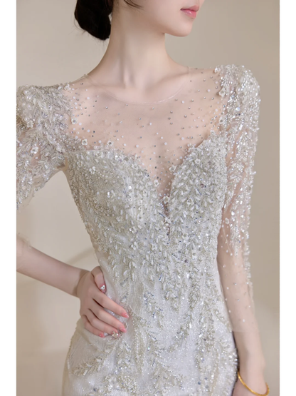 Robe de mariée argentée intemporelle pour femme, manches 3/4, perles, col en V, coupe sirène AB878