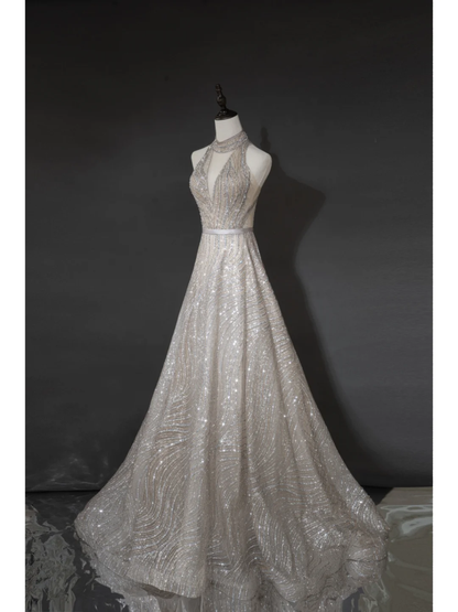 Robe de mariée argentée intemporelle pour femme, coupe trapèze, col en V à sequins, référence AB879