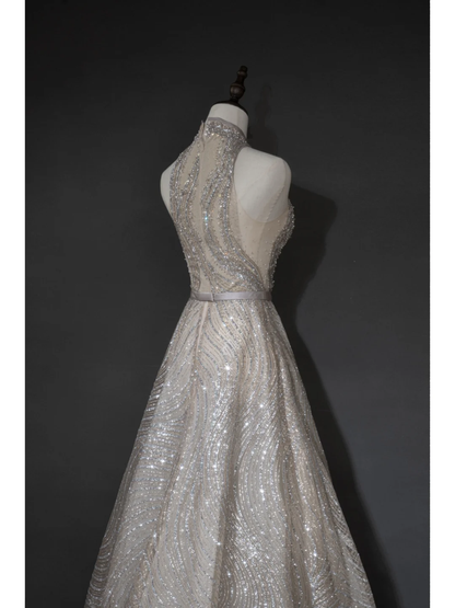 Robe de mariée argentée intemporelle pour femme, coupe trapèze, col en V à sequins, référence AB879