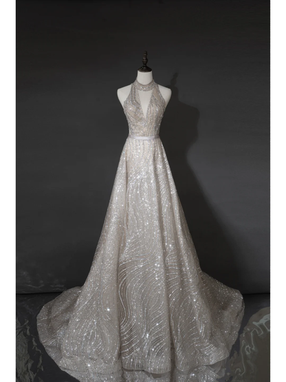 Robe de mariée argentée intemporelle pour femme, coupe trapèze, col en V à sequins, référence AB879
