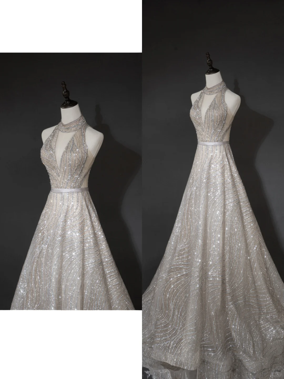 Robe de mariée argentée intemporelle pour femme, coupe trapèze, col en V à sequins, référence AB879