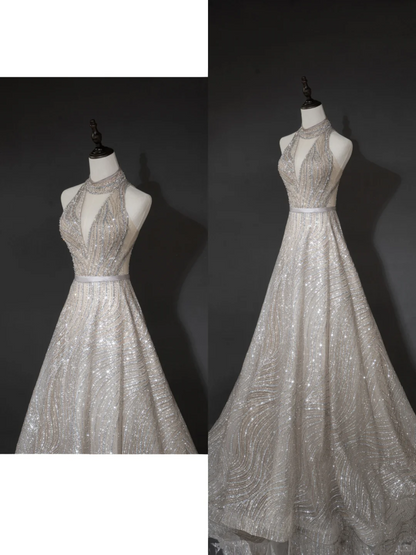 Robe de mariée argentée intemporelle pour femme, coupe trapèze, col en V à sequins, référence AB879