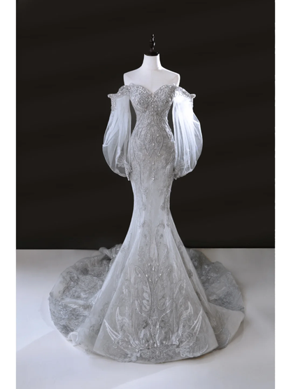 Robe de mariée argentée sirène scintillante à épaules dénudées et manches longues en dentelle à sequins AB884