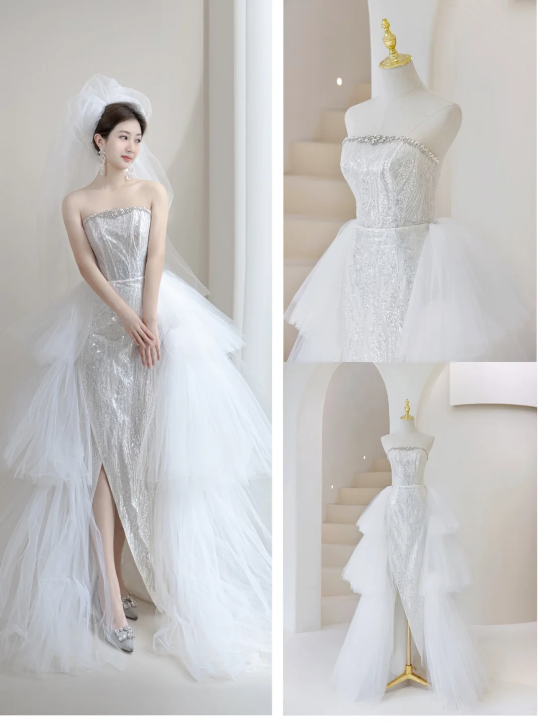 Sparkly Mermaid Strapless Women's Silver Wedding Dress With Sequin Slit Long Bride Dress AB885