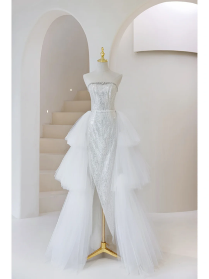 Sparkly Mermaid Strapless Women's Silver Wedding Dress With Sequin Slit Long Bride Dress AB885