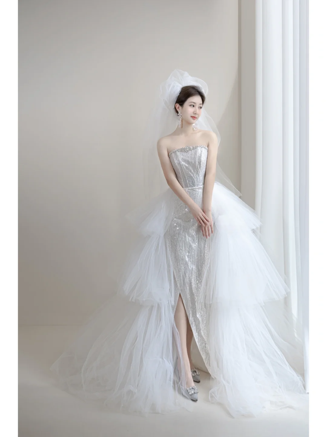 Sparkly Mermaid Strapless Women's Silver Wedding Dress With Sequin Slit Long Bride Dress AB885