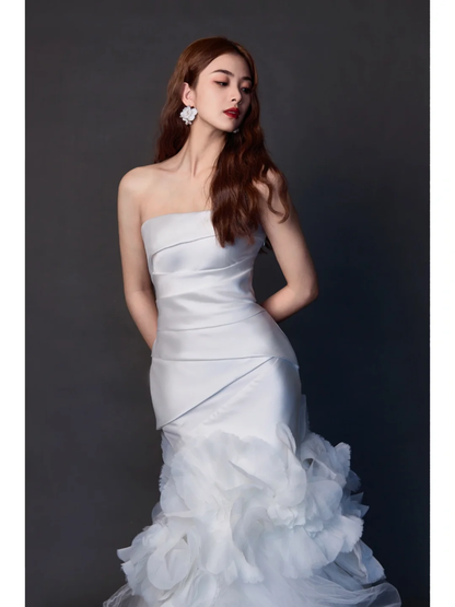 Damen-Brautkleid, trägerlos, ärmellos, plissiert, bodenlang, Meerjungfrauenstil, AB888