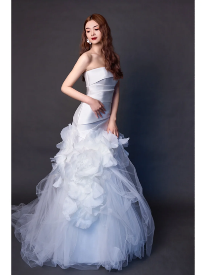 Damen-Brautkleid, trägerlos, ärmellos, plissiert, bodenlang, Meerjungfrauenstil, AB888