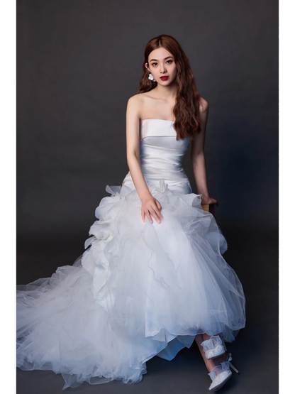Damen-Brautkleid, trägerlos, ärmellos, plissiert, bodenlang, Meerjungfrauenstil, AB888