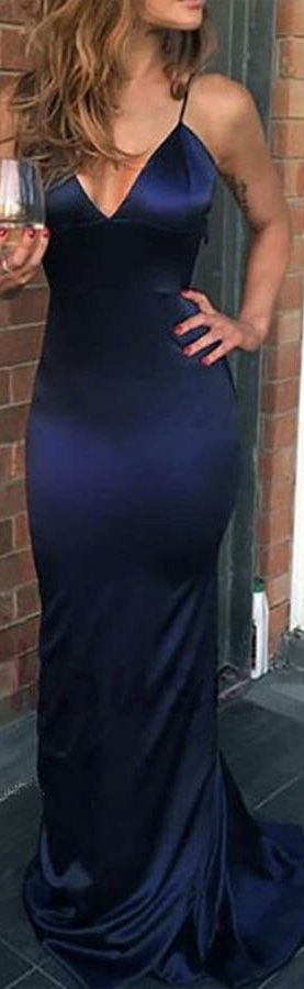 Robe de bal longue sirène sexy à bretelles spaghetti sans manches bleu marine en satin AB948