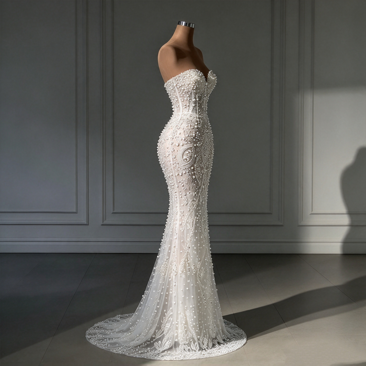 Robe de mariée sirène de luxe pour femme, décolleté cœur, sans manches, perles et sequins, coupe balayée, AB970