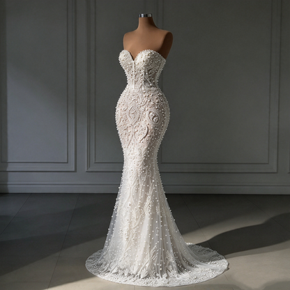 Robe de mariée sirène de luxe pour femme, décolleté cœur, sans manches, perles et sequins, coupe balayée, AB970