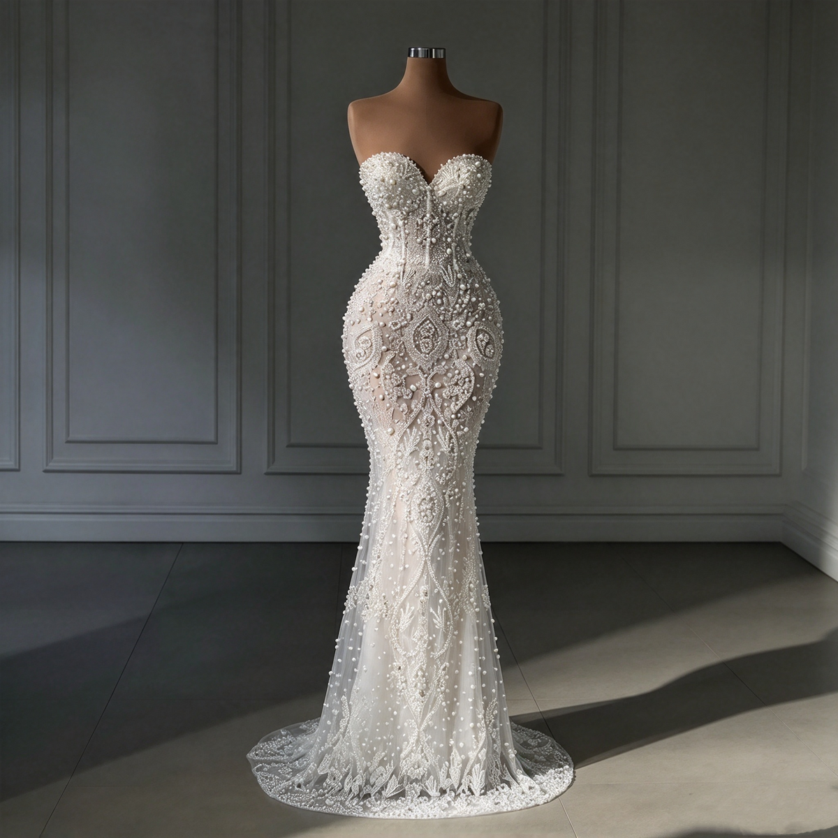 Robe de mariée sirène de luxe pour femme, décolleté cœur, sans manches, perles et sequins, coupe balayée, AB970
