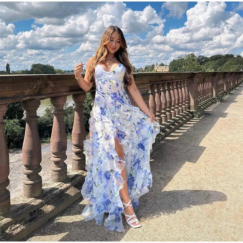 Robe de bal sirène sexy à bretelles spaghetti, dos nu, bleue à fleurs, AB2196