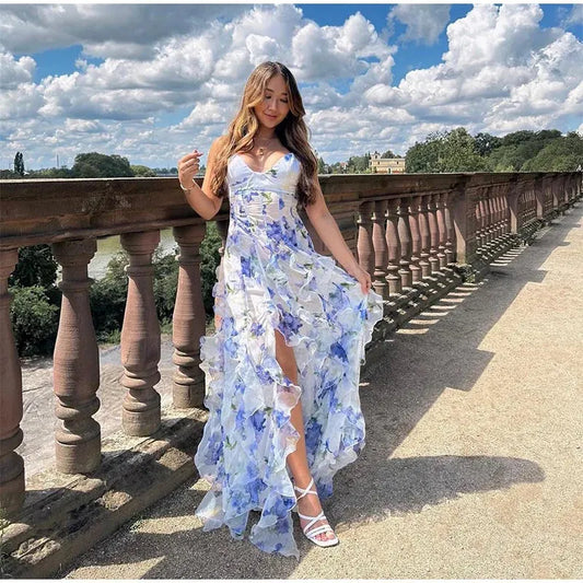 Meerjungfrauen-Abendkleid mit Spaghettiträgern, sexy, besonderes Kleid, blaues Blumenkleid, AB991