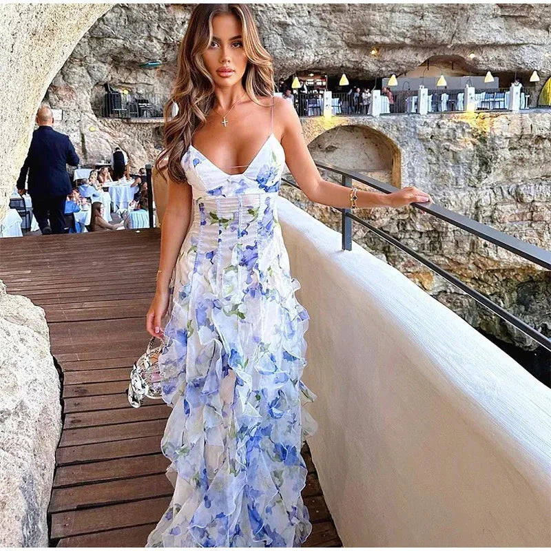 Robe de bal sirène sexy à bretelles spaghetti, dos nu, bleue à fleurs, AB2196